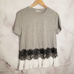 DEX Gray White Black Lace Short Sleeve Blouse S